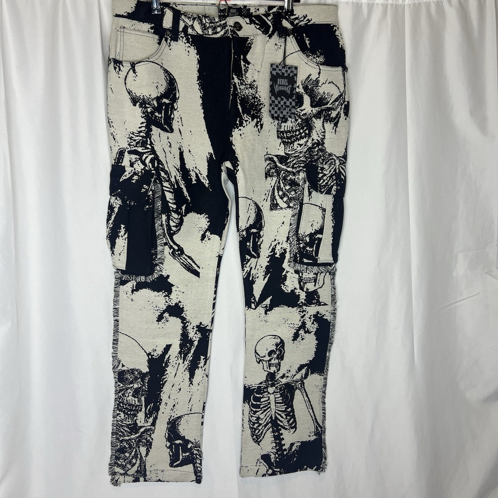 Rebel Vengeance Skull Skeleton Goth Tapestry Cargo Pants Streetwear Festive Sz36